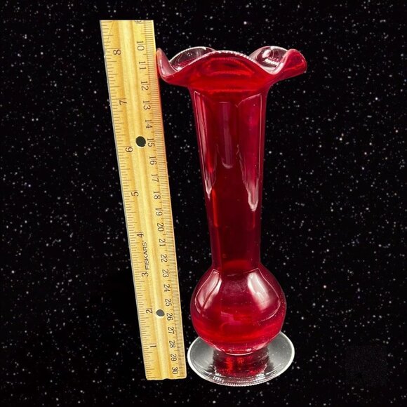 Art Glass Vase Crackle Bottom Ruby Red Ruffled Top Clear Bottom Glass 8”T 3.25”W - Picture 6 of 9